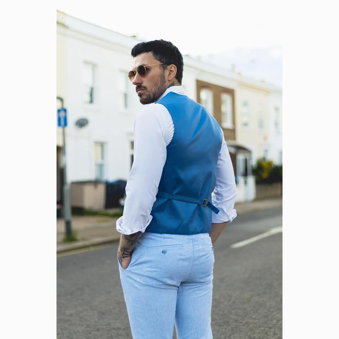 TP-13 - Conjunto de Terno Masculino de Verão com Colete e Calça em Linho Azul Bebê para Casamentos