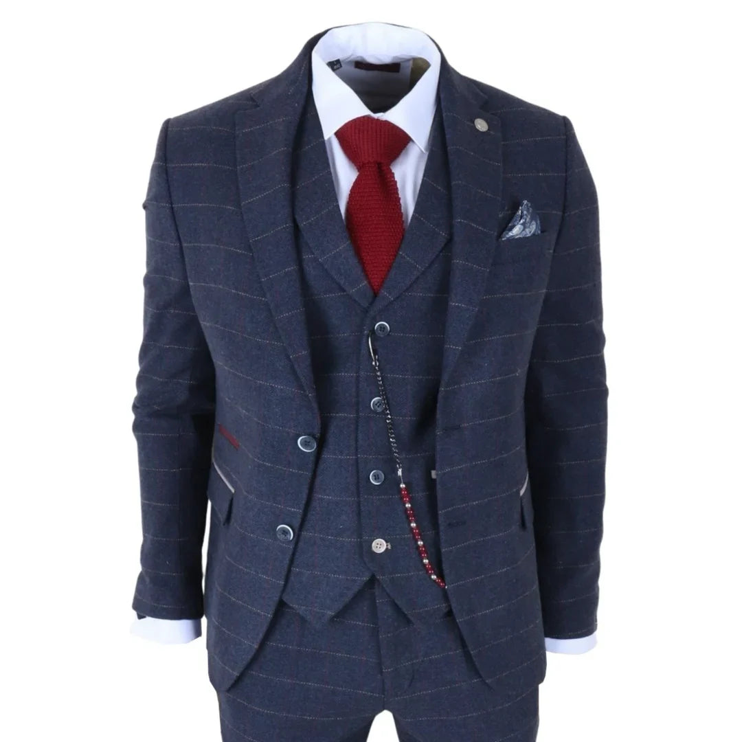 TP-32 - Terno de 3 peças em tweed azul-marinho estilo Gatsby para homens