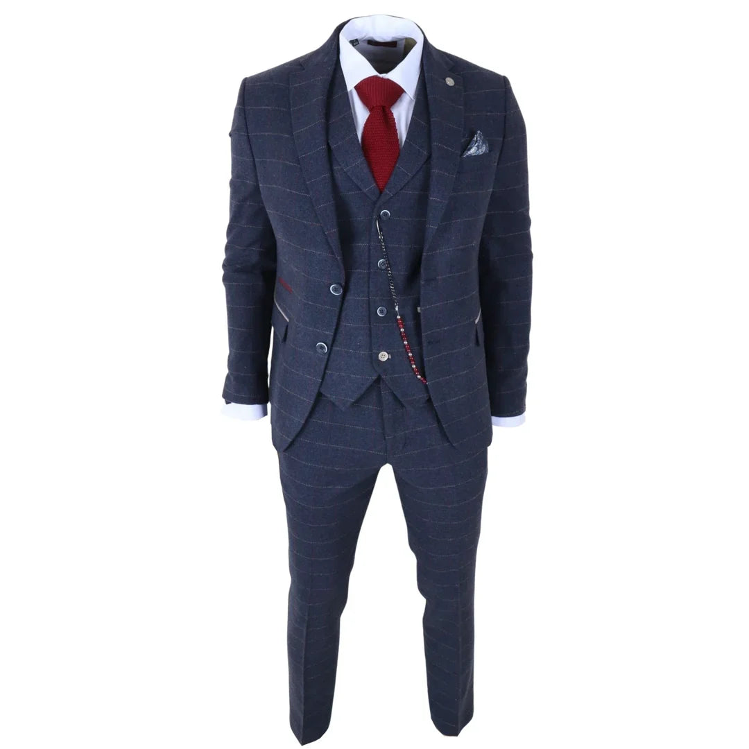 TP-32 - Terno de 3 peças em tweed azul-marinho estilo Gatsby para homens