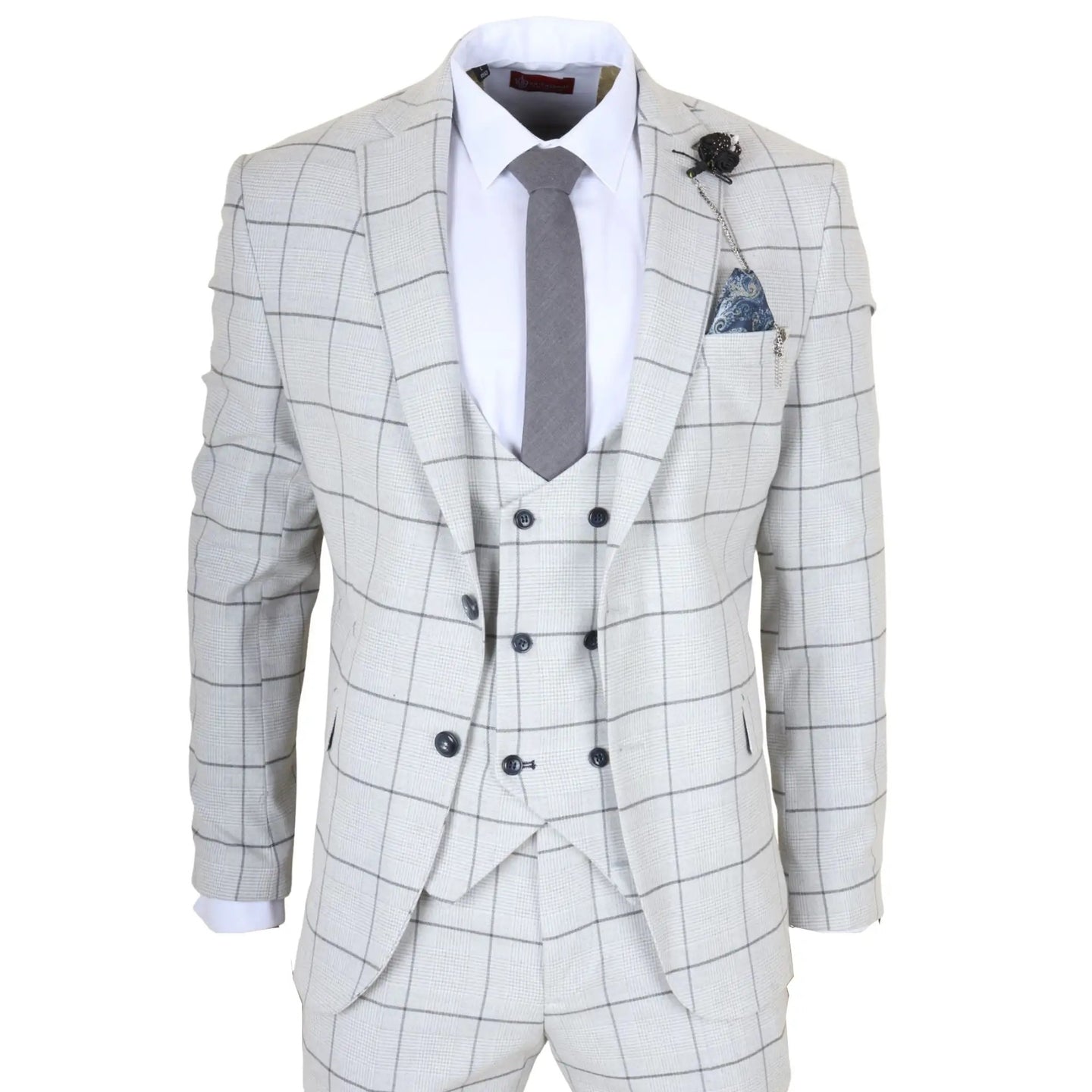 TP-33 - Terno masculino de três peças com corte sob medida e estampa xadrez cinza.