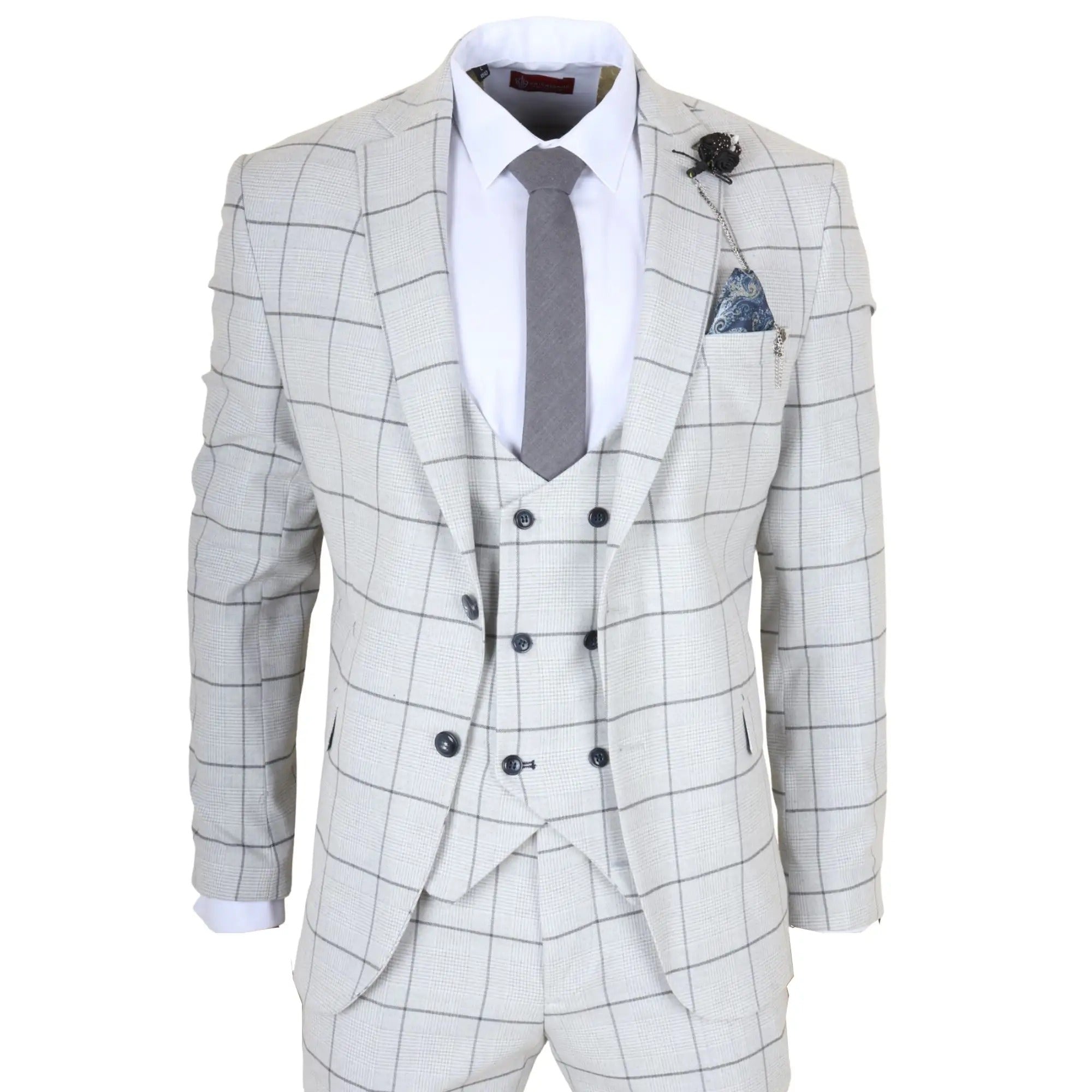 TP-33 - Terno masculino de três peças com corte sob medida e estampa xadrez cinza.