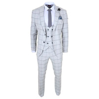 TP-33 - Terno masculino de três peças com corte sob medida e estampa xadrez cinza.