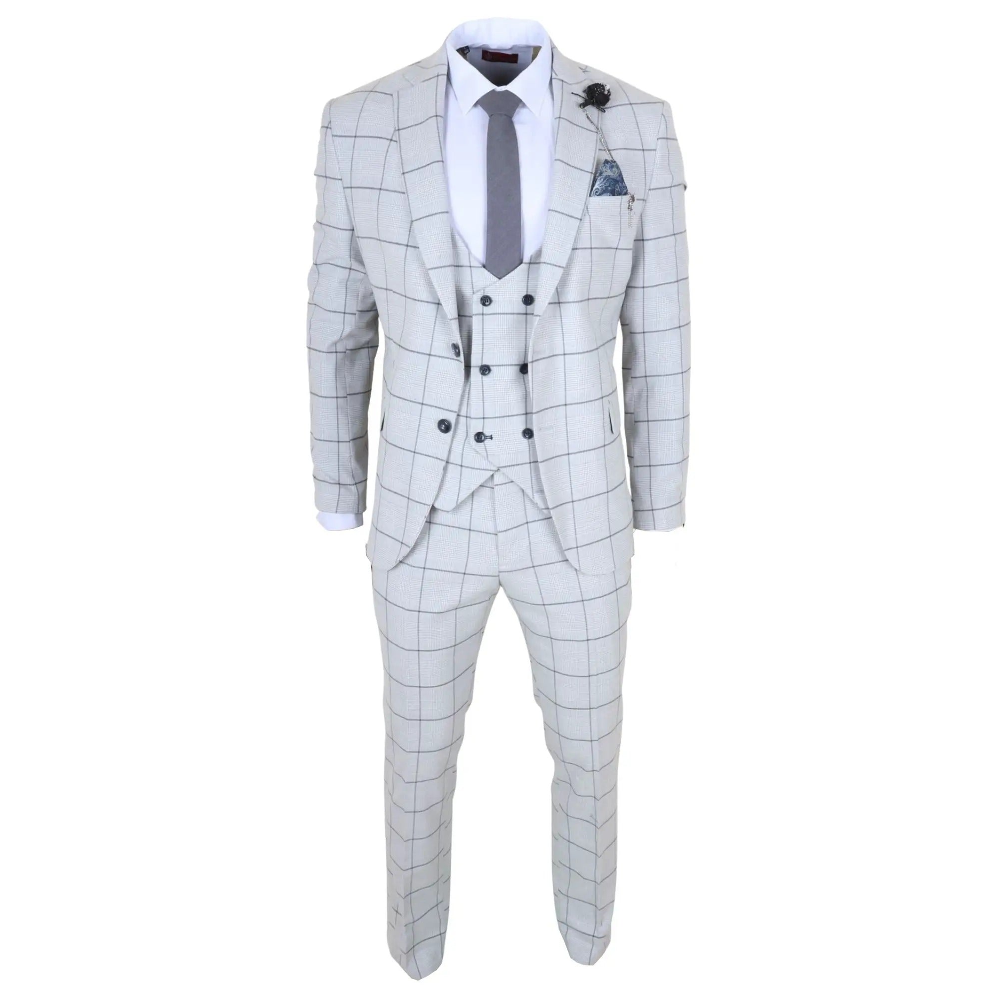 TP-33 - Terno masculino de três peças com corte sob medida e estampa xadrez cinza.