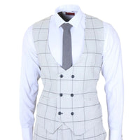 TP-33 - Terno masculino de três peças com corte sob medida e estampa xadrez cinza.