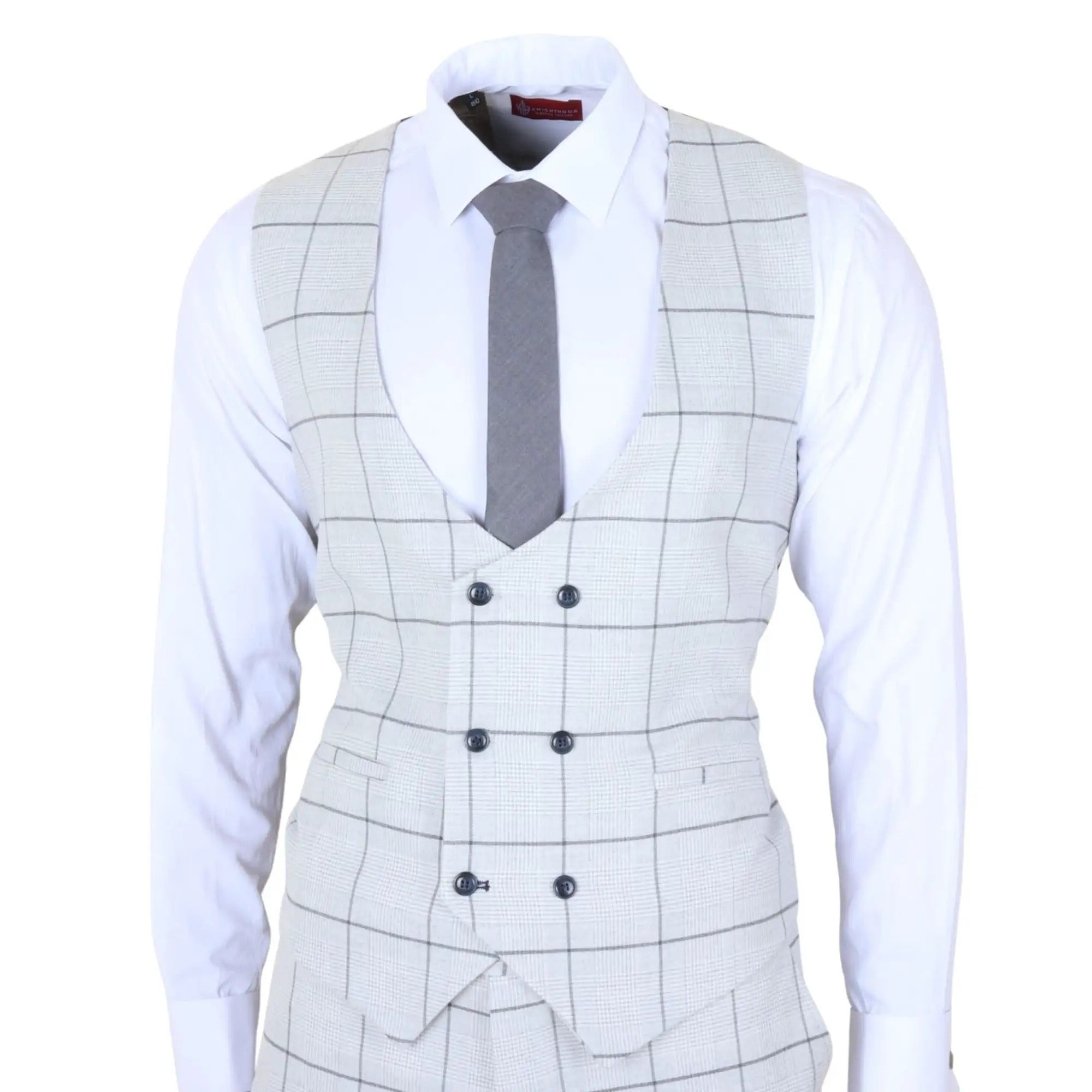 TP-33 - Terno masculino de três peças com corte sob medida e estampa xadrez cinza.