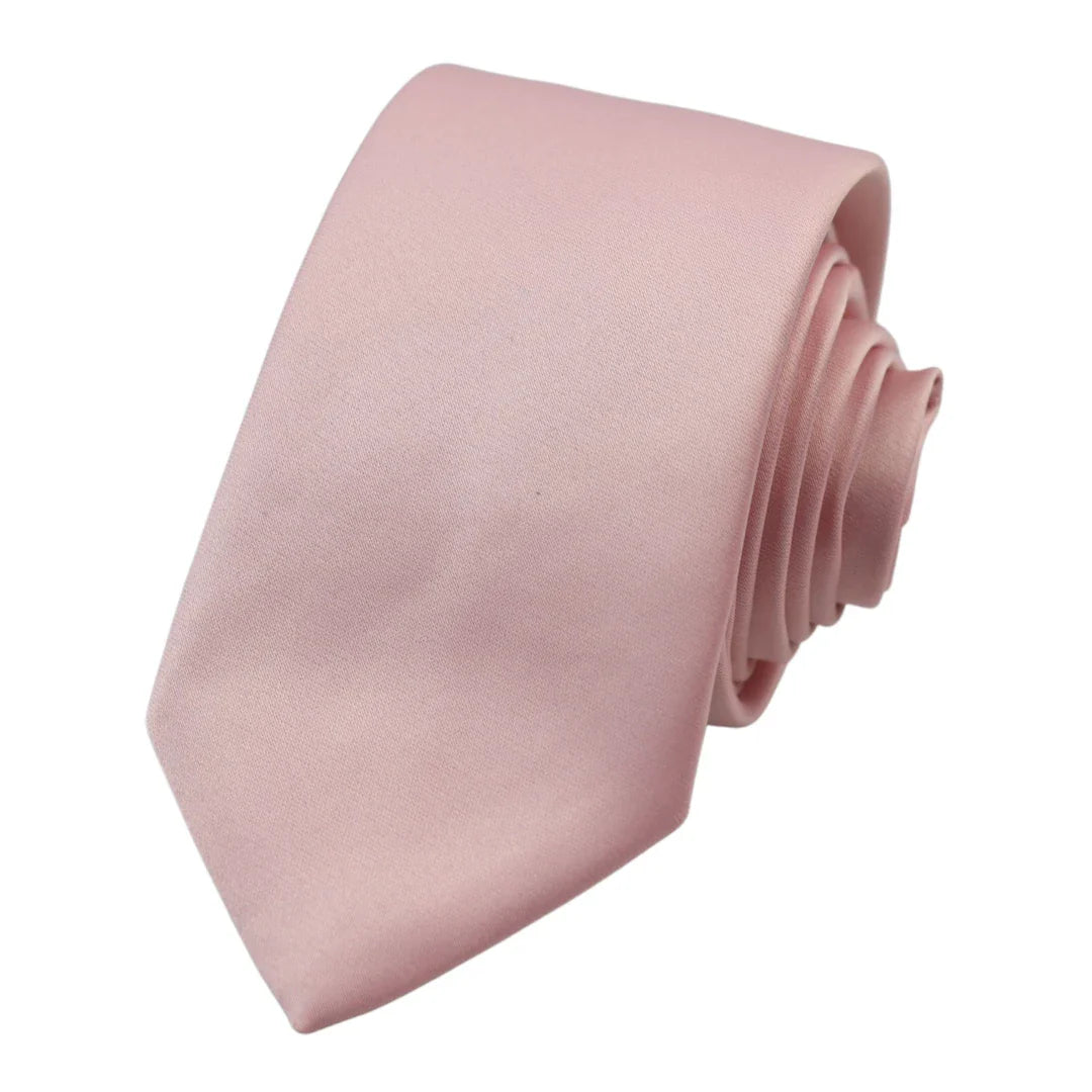 Gravata e lenço de bolso masculinos em cetim de seda rosa claro pêssego.