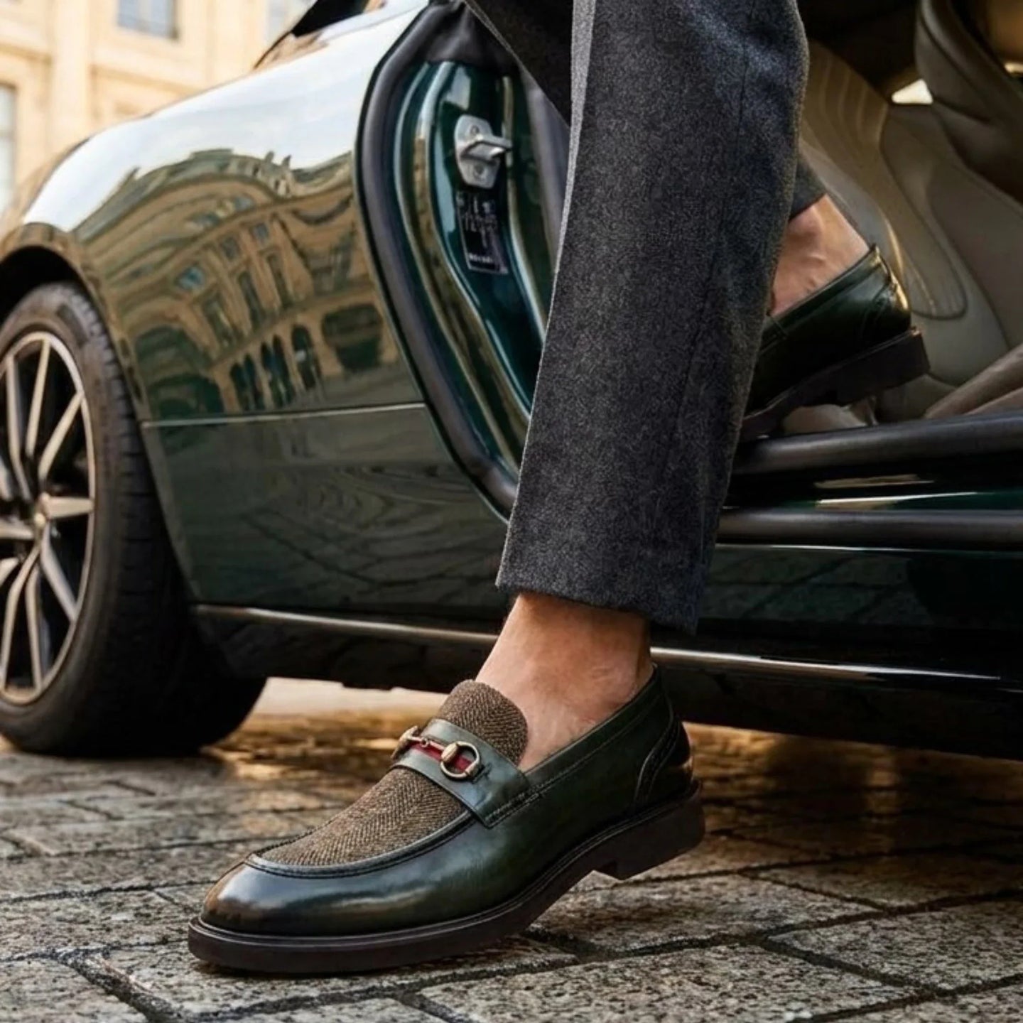 Tristian - Mocassins masculinos em tweed espinha de peixe verde em couro