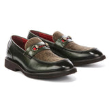 Tristian - Mocassins masculinos em tweed espinha de peixe verde em couro