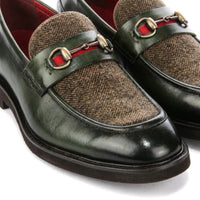 Tristian - Mocassins masculinos em tweed espinha de peixe verde em couro