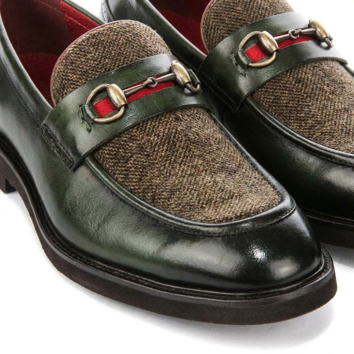 Tristian - Mocassins masculinos em tweed espinha de peixe verde em couro