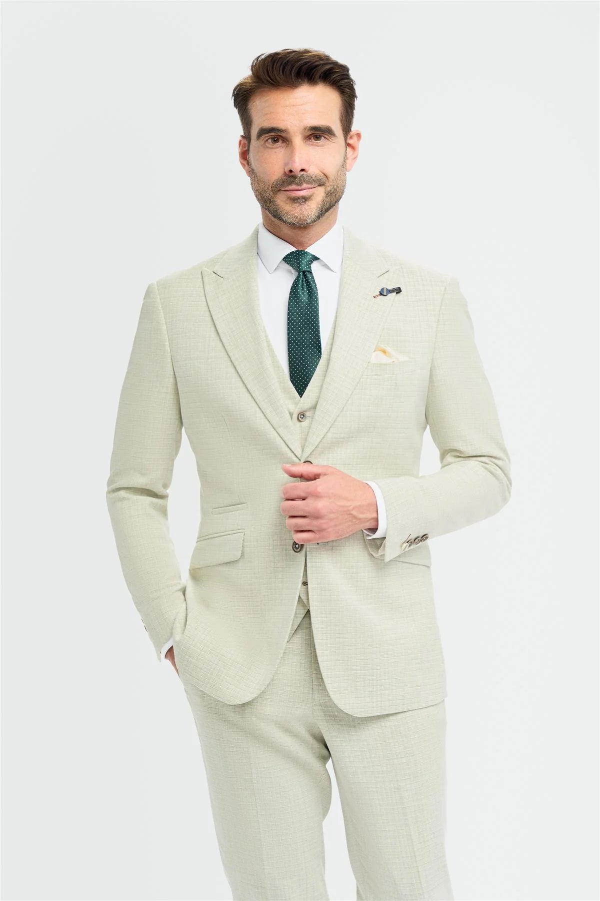 Tropez - Terno masculino de 3 peças verde sálvia com corte sob medida