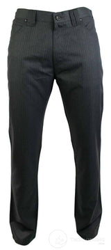 Calça masculina risca de giz, corte reto, elegante e casual, cinza, comprimento curto ou regular, para o trabalho de escritório.