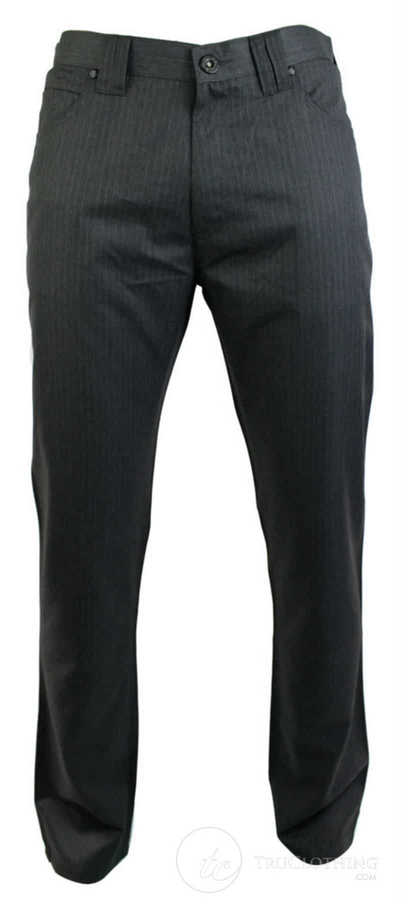 Calça masculina risca de giz, corte reto, elegante e casual, cinza, comprimento curto ou regular, para o trabalho de escritório.