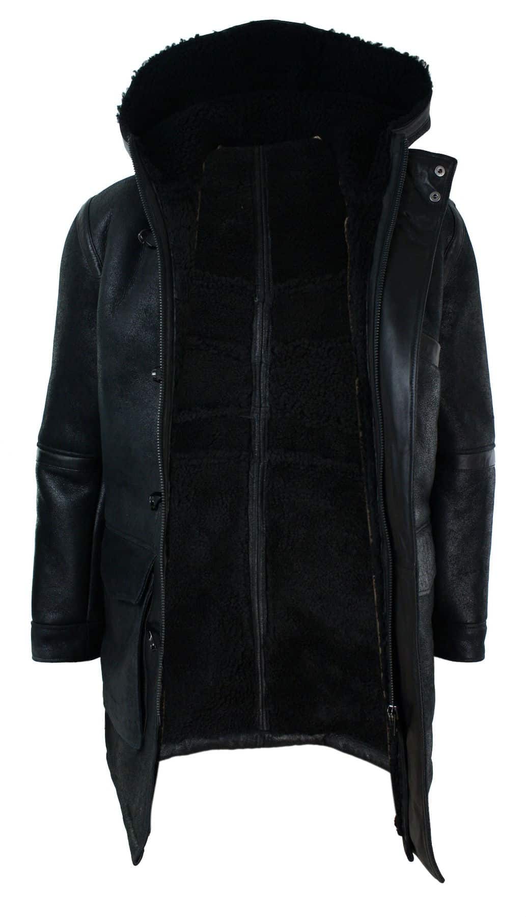 Jaqueta masculina de pele de carneiro verdadeira com capuz 3/4, preta, quente para o inverno.