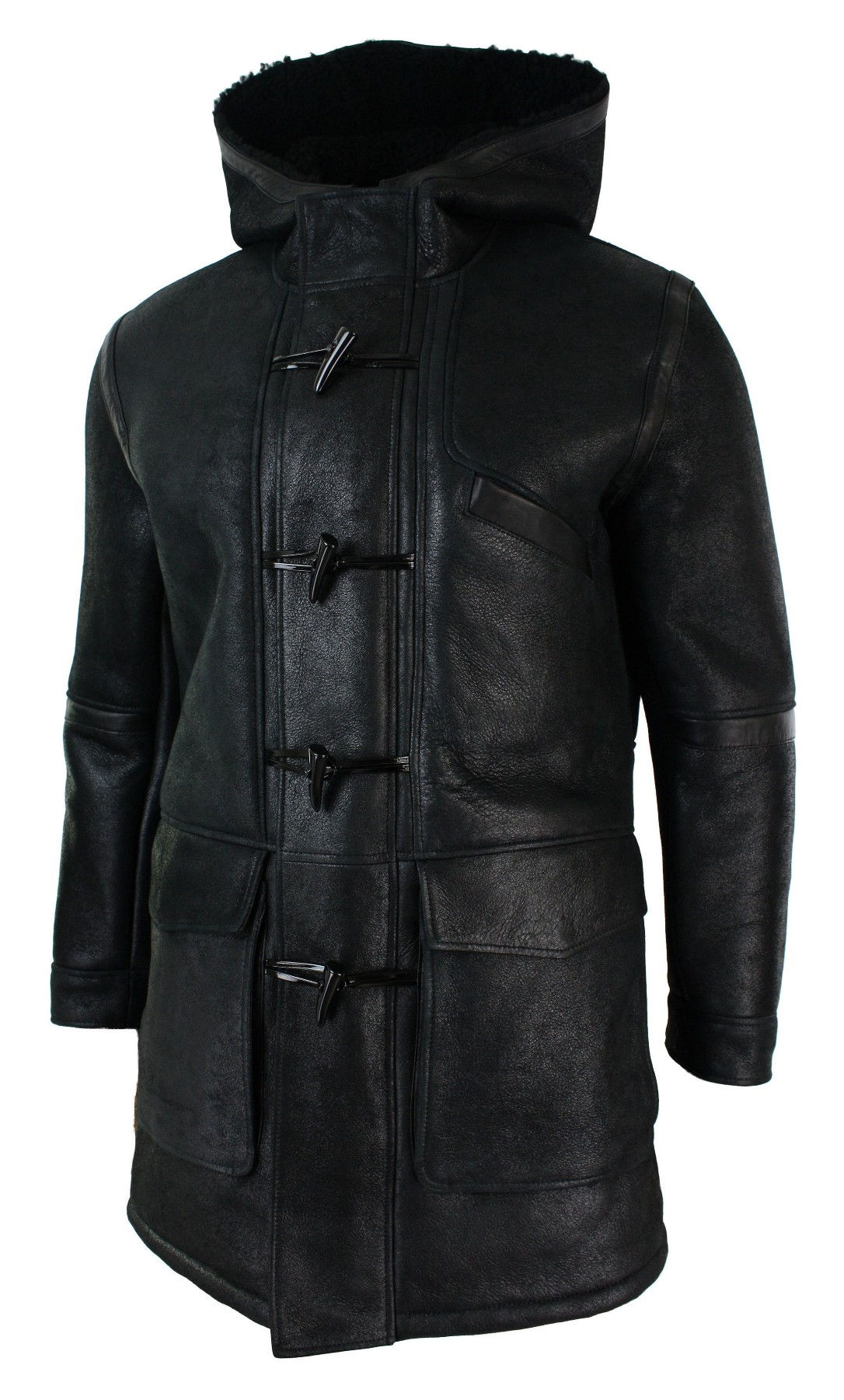 Jaqueta masculina de pele de carneiro verdadeira com capuz 3/4, preta, quente para o inverno.