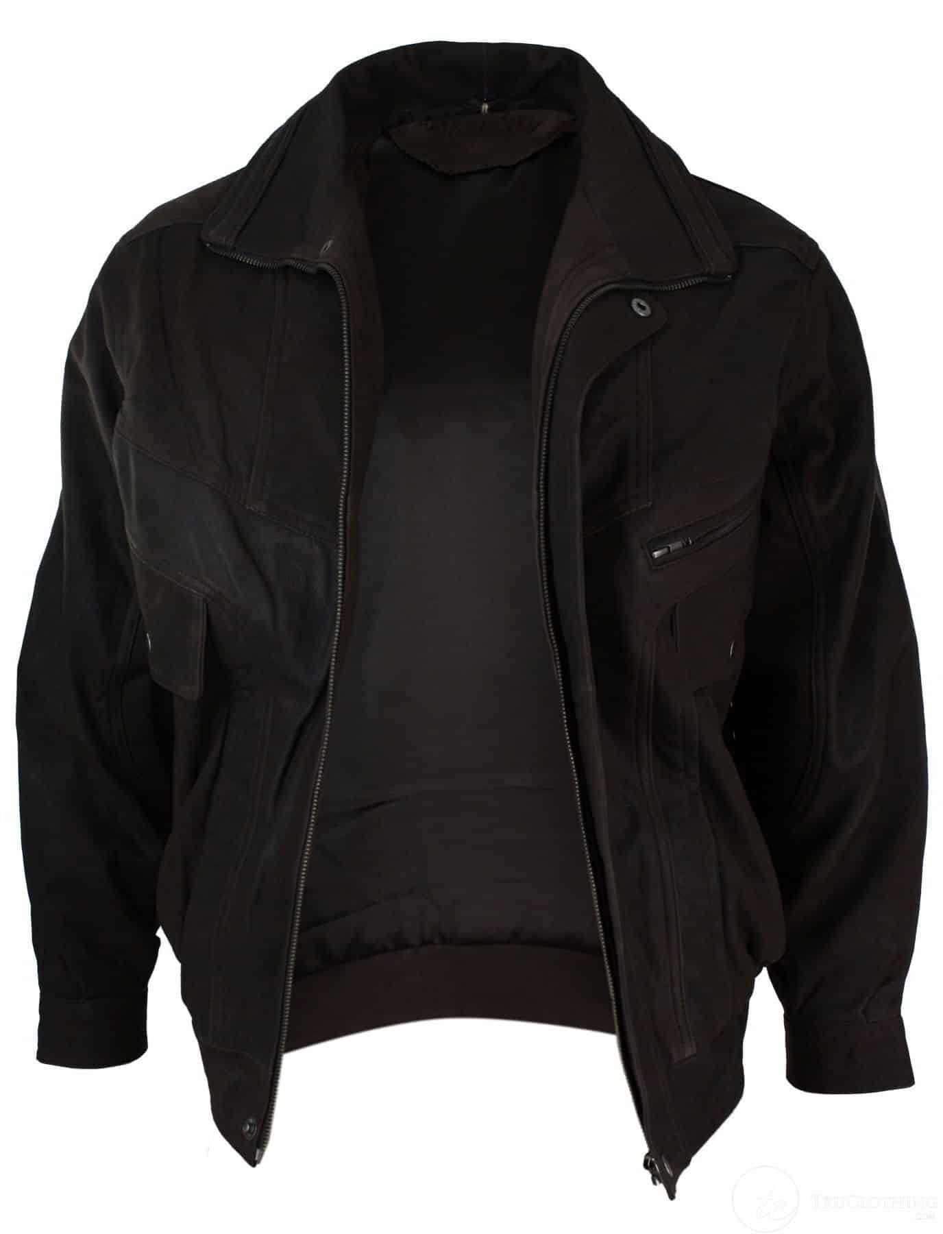 Jaqueta Bomber Clássica Masculina em Couro Legítimo Marrom com Acabamento em Nobuck Preto - Marrom