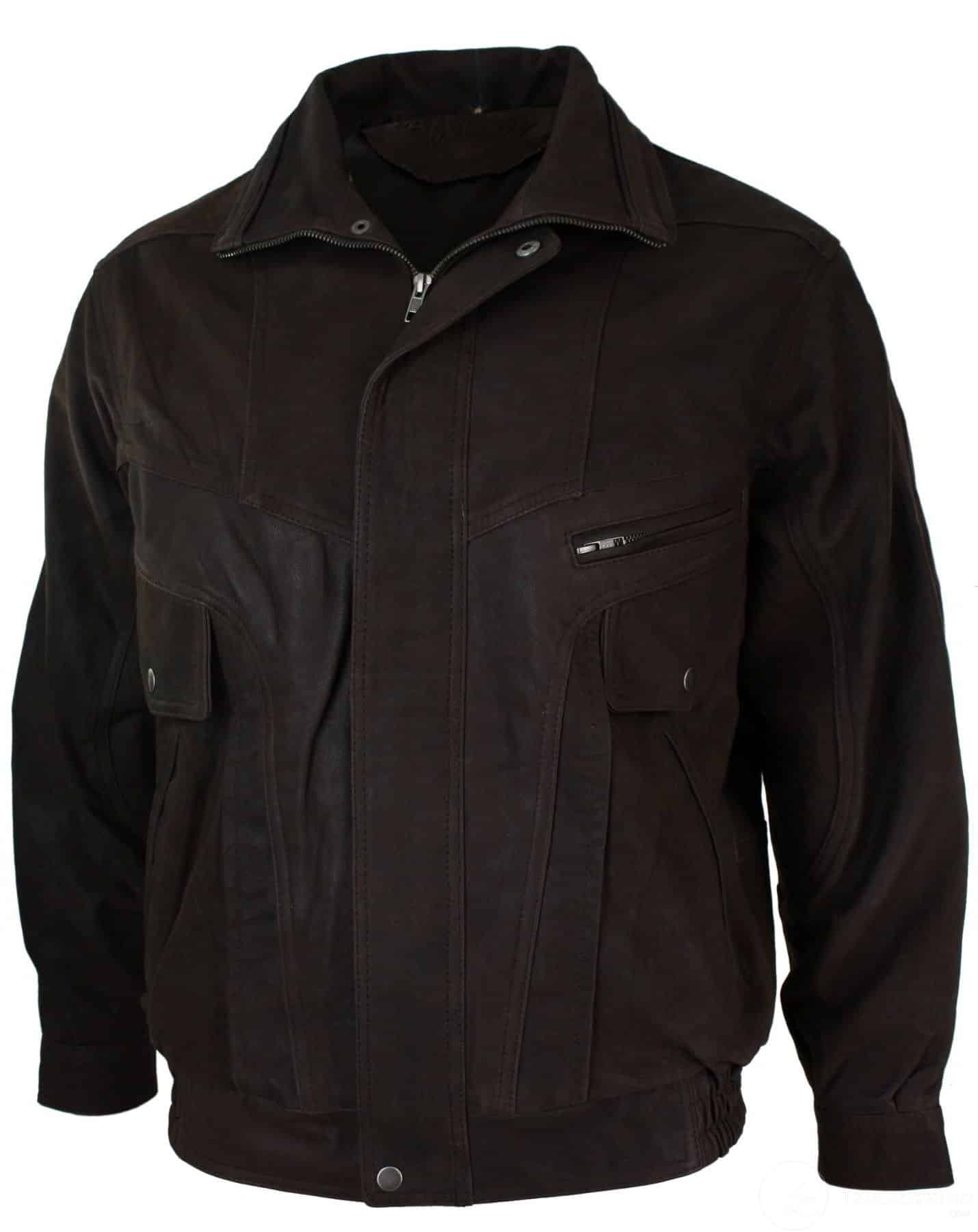 Jaqueta Bomber Clássica Masculina em Couro Legítimo Marrom com Acabamento em Nobuck Preto - Marrom