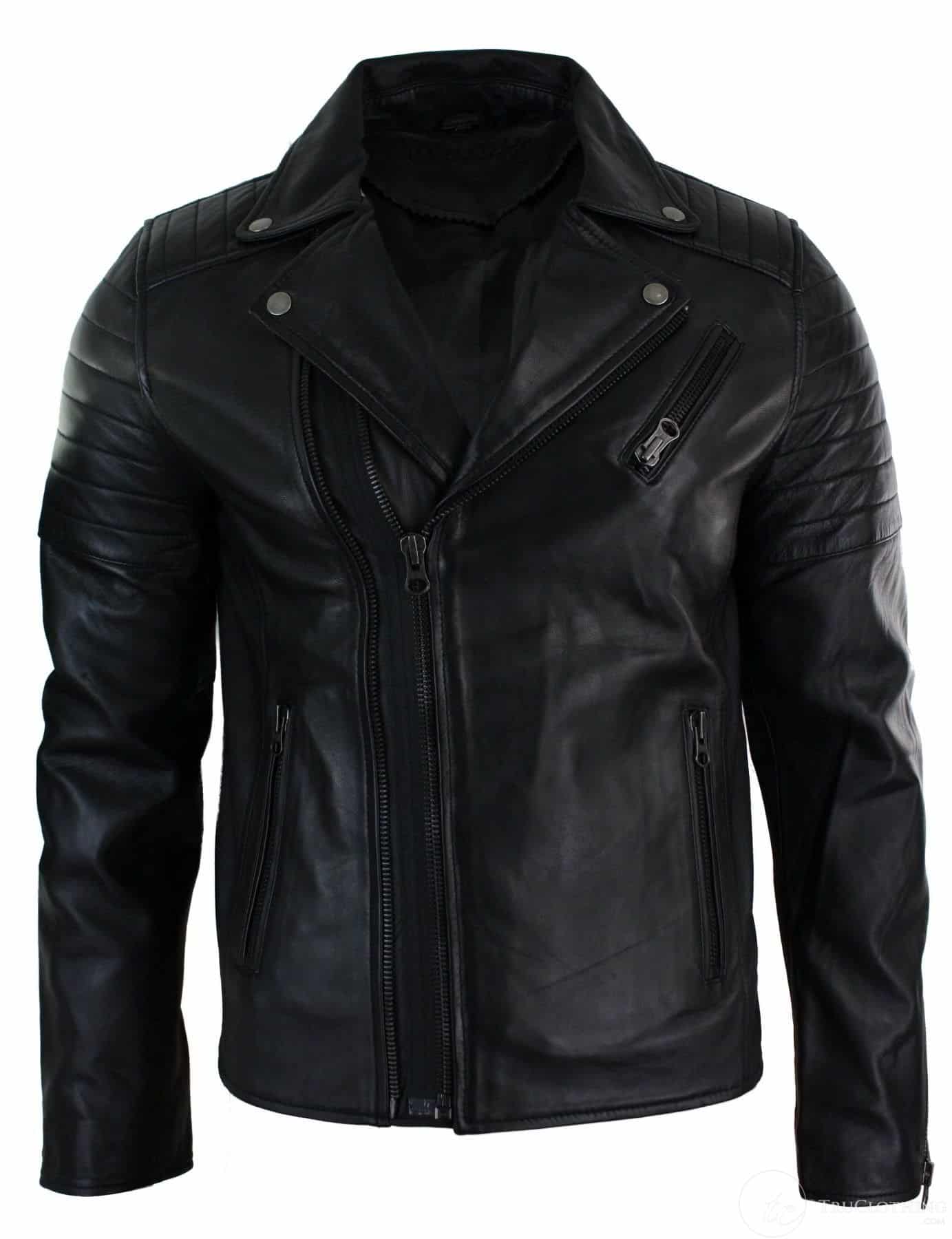 Jaqueta masculina retrô vintage Brando, corte slim fit, com zíper cruzado, estilo motociclista - Preta