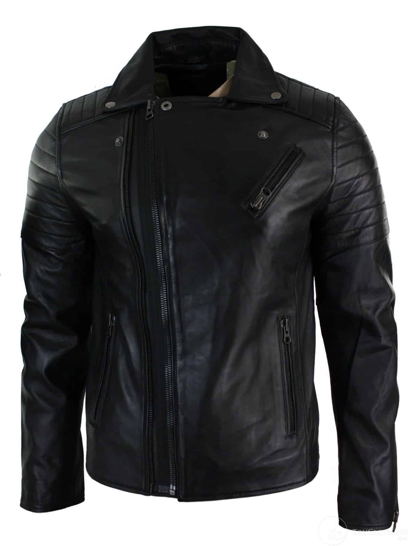 Jaqueta masculina retrô vintage Brando, corte slim fit, com zíper cruzado, estilo motociclista - Preta