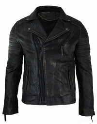 Jaqueta masculina retrô vintage Brando de couro legítimo, corte slim, com zíper cruzado, estilo motociclista vintage - cor preta com efeito de desgaste.