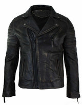 Jaqueta masculina retrô vintage Brando de couro legítimo, corte slim, com zíper cruzado, estilo motociclista vintage - cor preta com efeito de desgaste.