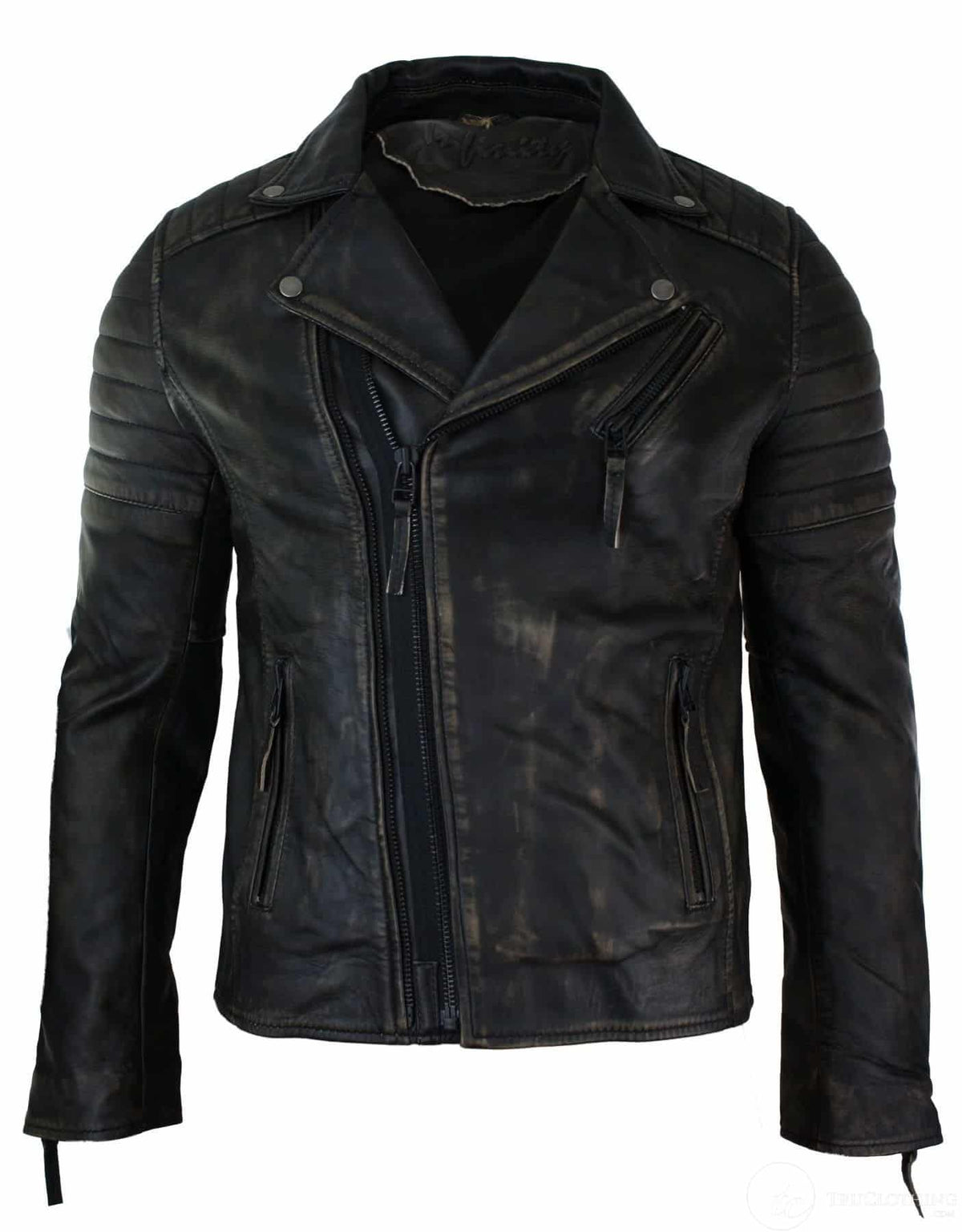Jaqueta masculina retrô vintage Brando de couro legítimo, corte slim, com zíper cruzado, estilo motociclista vintage - cor preta com efeito de desgaste.