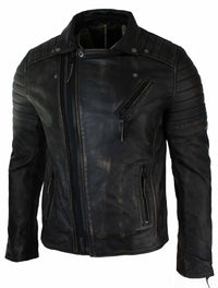 Jaqueta masculina retrô vintage Brando de couro legítimo, corte slim, com zíper cruzado, estilo motociclista vintage - cor preta com efeito de desgaste.