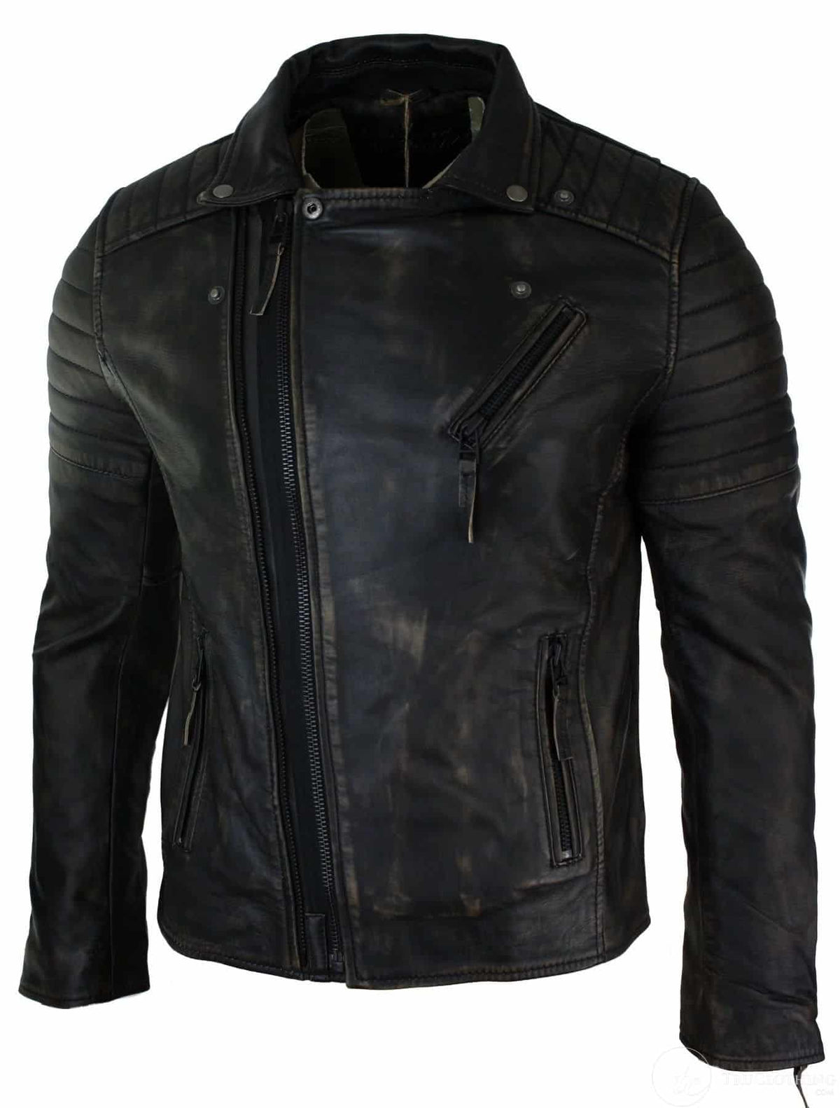 Jaqueta masculina retrô vintage Brando de couro legítimo, corte slim, com zíper cruzado, estilo motociclista vintage - cor preta com efeito de desgaste.