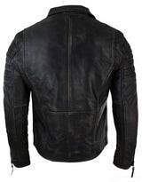 Jaqueta masculina retrô vintage Brando de couro legítimo, corte slim, com zíper cruzado, estilo motociclista vintage - cor preta com efeito de desgaste.