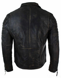 Jaqueta masculina retrô vintage Brando de couro legítimo, corte slim, com zíper cruzado, estilo motociclista vintage - cor preta com efeito de desgaste.