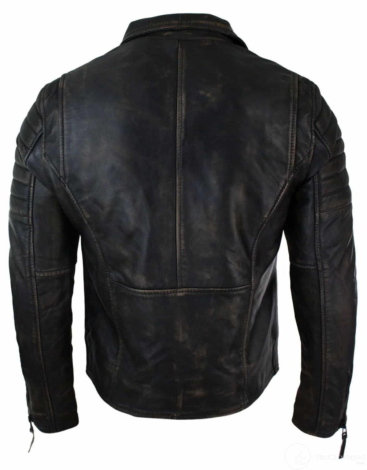 Jaqueta masculina retrô vintage Brando de couro legítimo, corte slim, com zíper cruzado, estilo motociclista vintage - cor preta com efeito de desgaste.