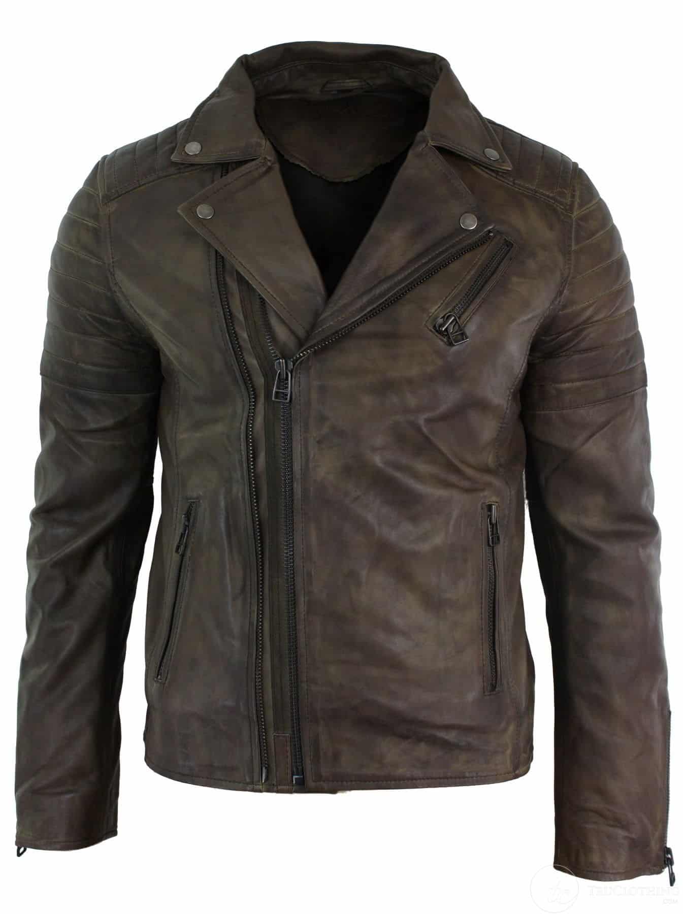 Jaqueta masculina retrô vintage Brando, corte slim fit, com zíper cruzado, estilo motociclista, na cor marrom.