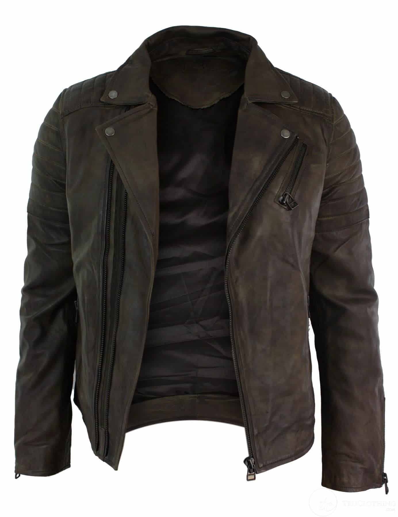 Jaqueta masculina retrô vintage Brando, corte slim fit, com zíper cruzado, estilo motociclista, na cor marrom.