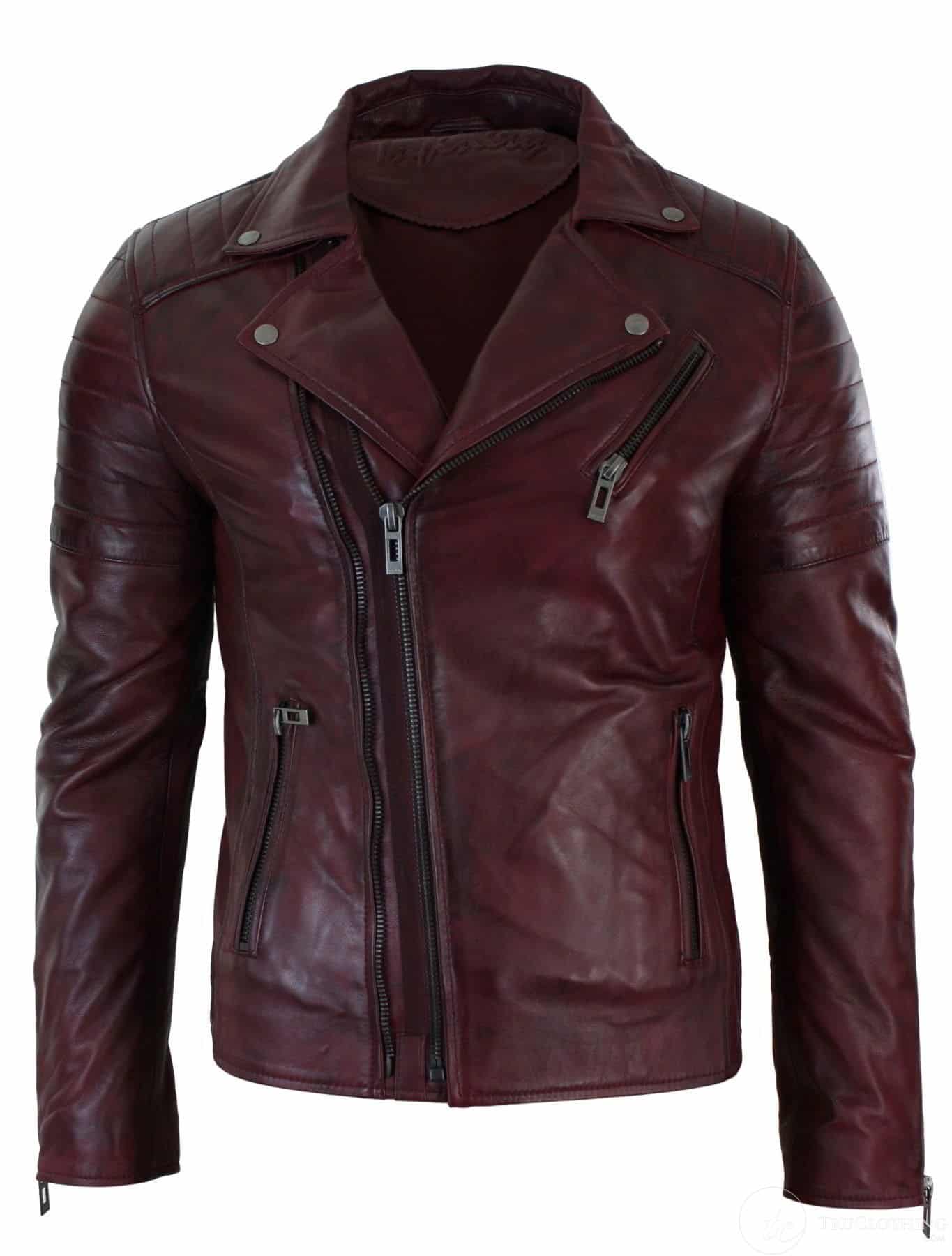 Jaqueta masculina vintage Brando retrô de couro legítimo, corte slim, com zíper cruzado, estilo motociclista, cor bordô.
