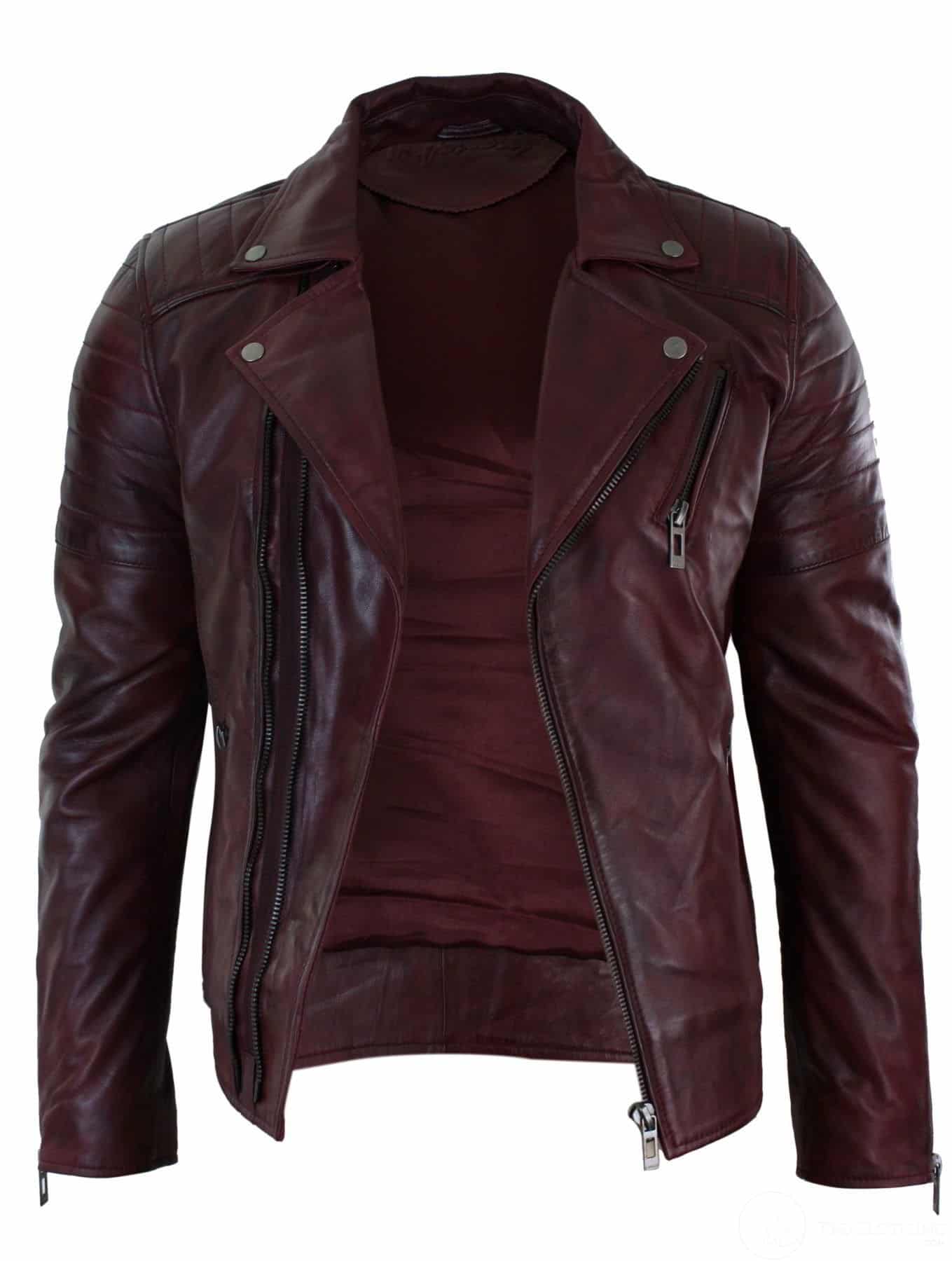 Jaqueta masculina vintage Brando retrô de couro legítimo, corte slim, com zíper cruzado, estilo motociclista, cor bordô.