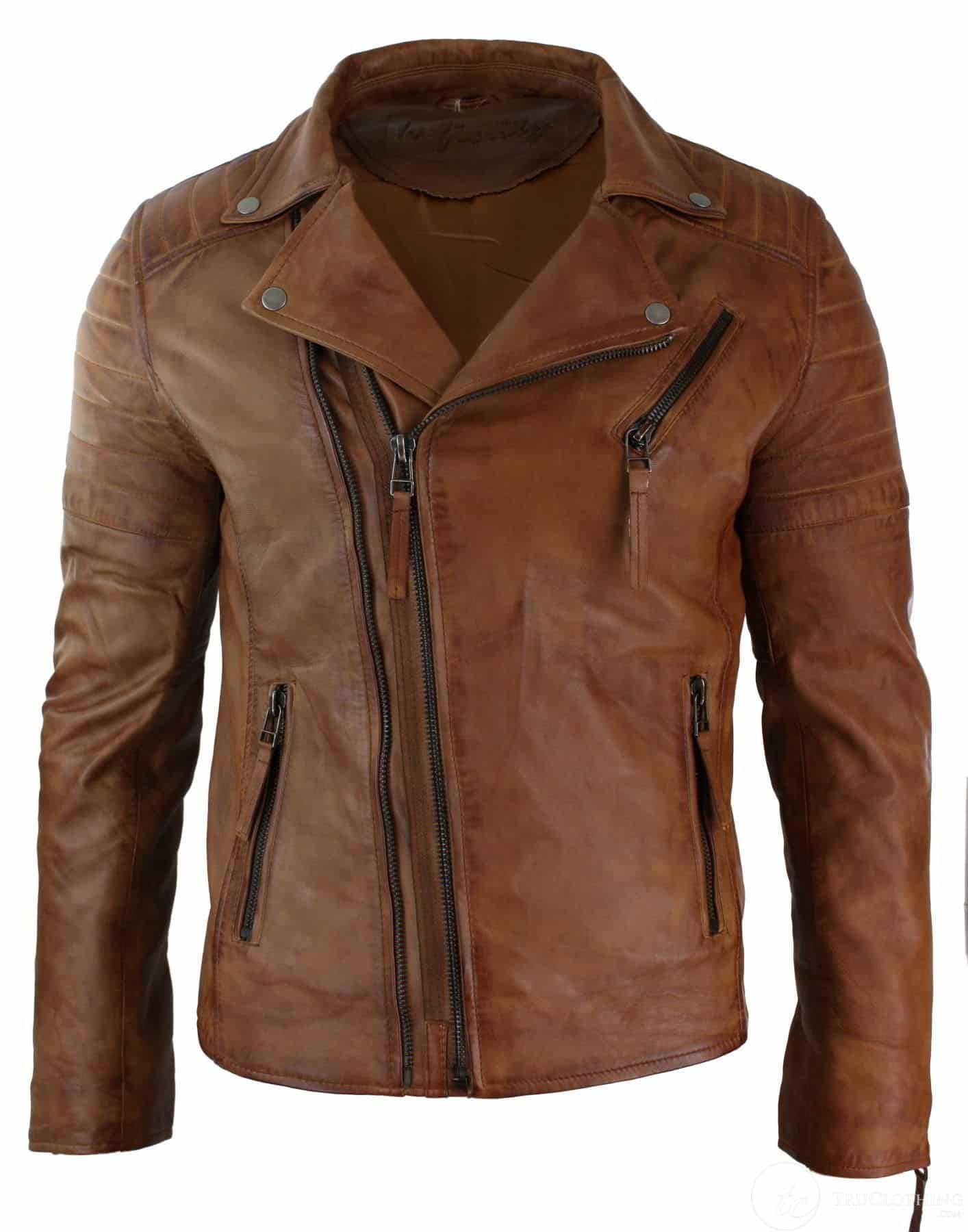 Jaqueta masculina retrô vintage Brando de couro legítimo, corte slim, com zíper cruzado, estilo motociclista vintage, cor bege.