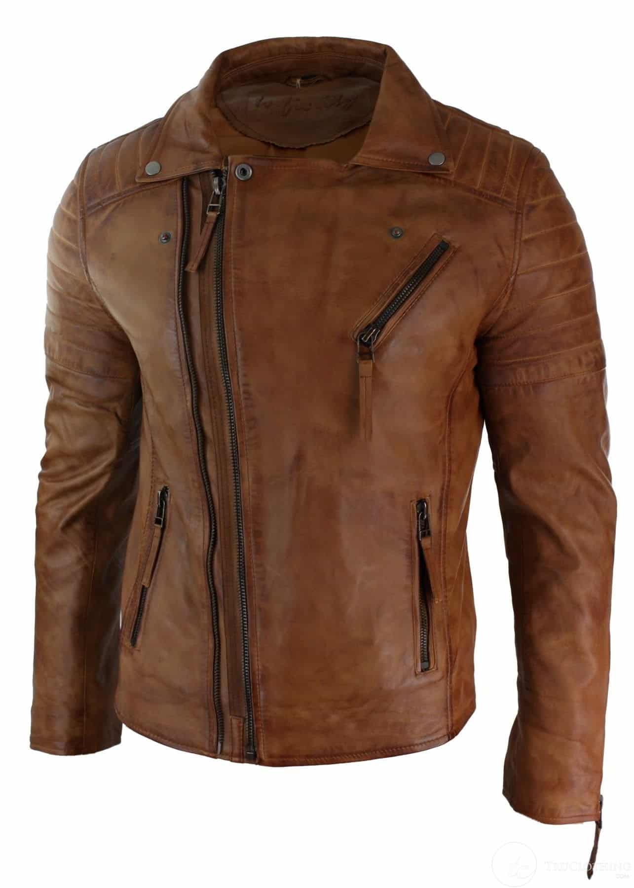 Jaqueta masculina retrô vintage Brando de couro legítimo, corte slim, com zíper cruzado, estilo motociclista vintage, cor bege.