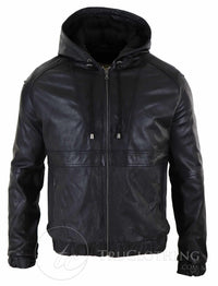 Jaqueta Bomber Masculina com Capuz em Couro Legítimo - Preta