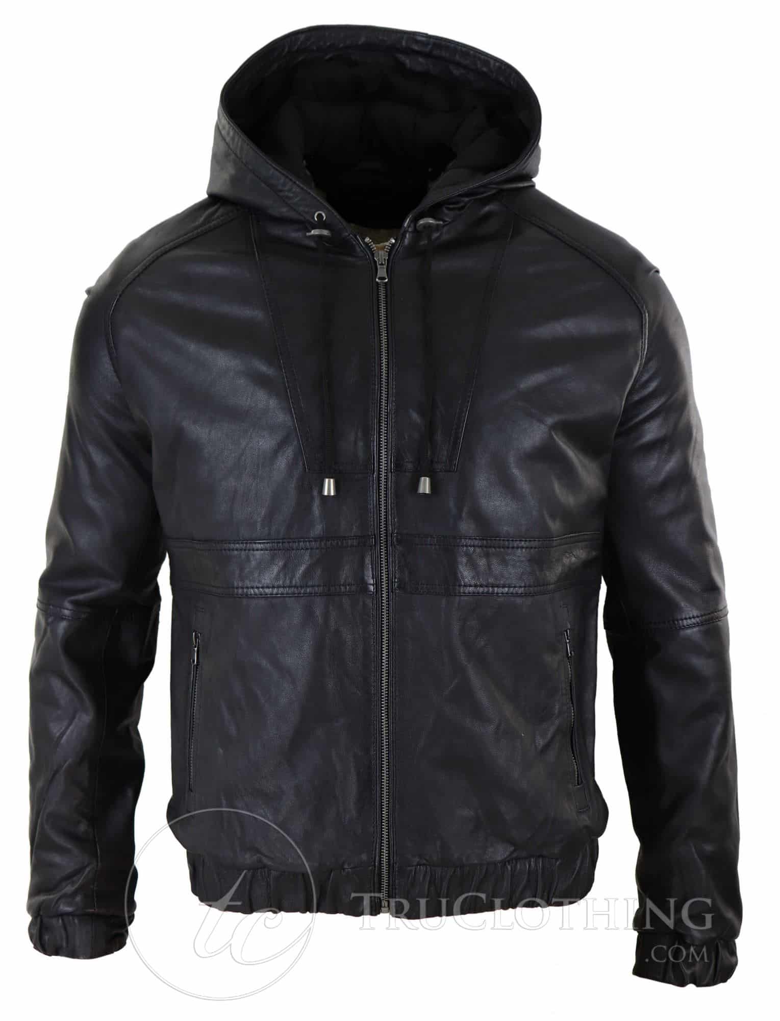 Jaqueta Bomber Masculina com Capuz em Couro Legítimo - Preta