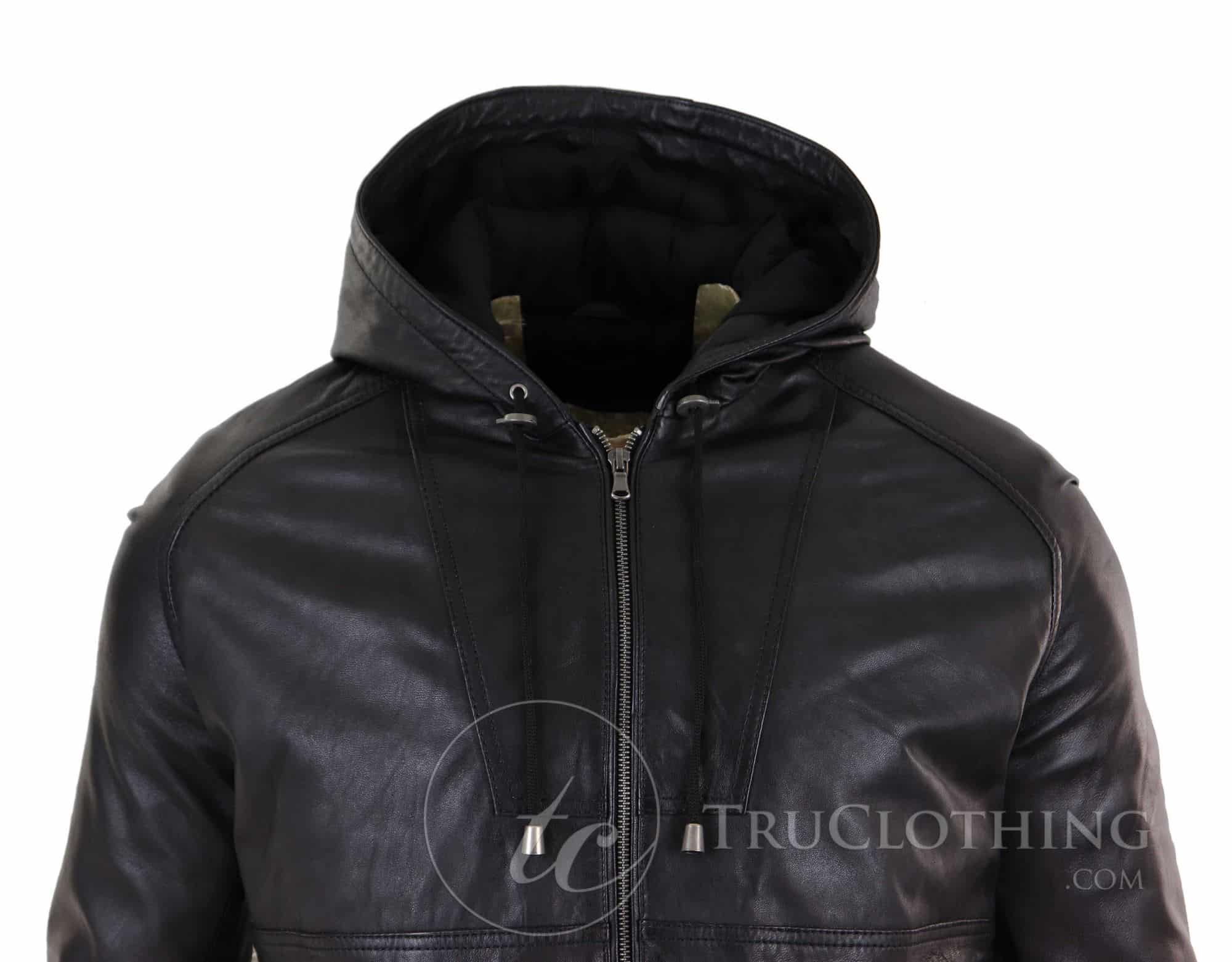 Jaqueta Bomber Masculina com Capuz em Couro Legítimo - Preta