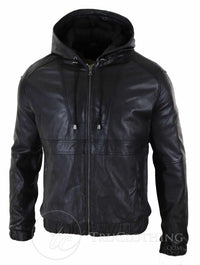 Jaqueta Bomber Masculina com Capuz em Couro Legítimo - Preta