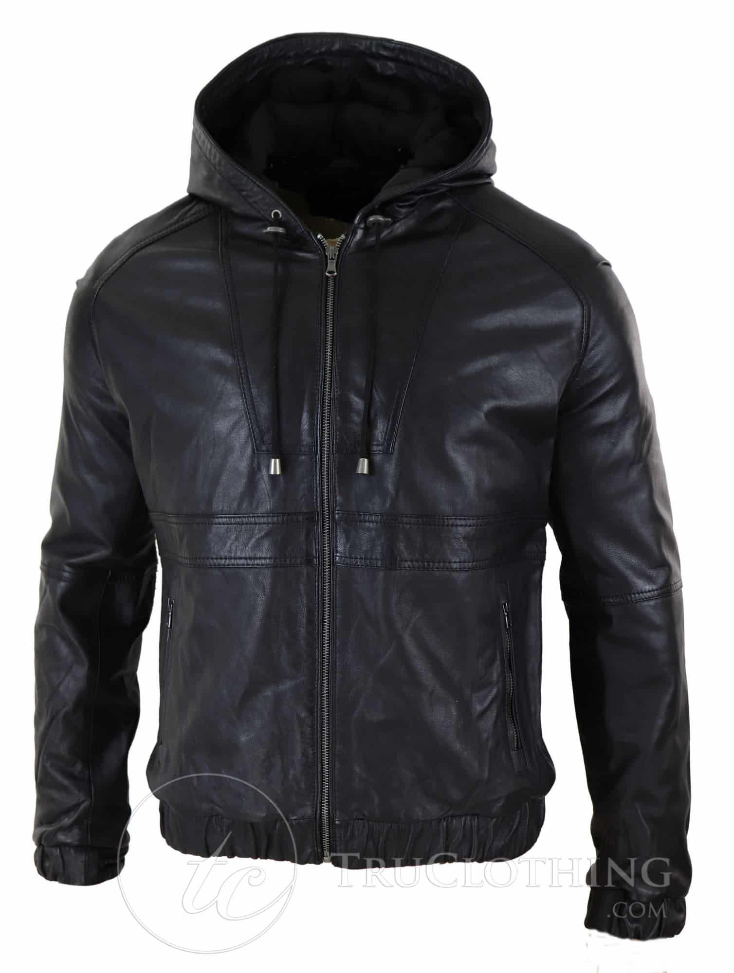 Jaqueta Bomber Masculina com Capuz em Couro Legítimo - Preta