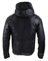 Jaqueta Bomber Masculina com Capuz em Couro Legítimo - Preta