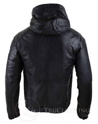 Jaqueta Bomber Masculina com Capuz em Couro Legítimo - Preta