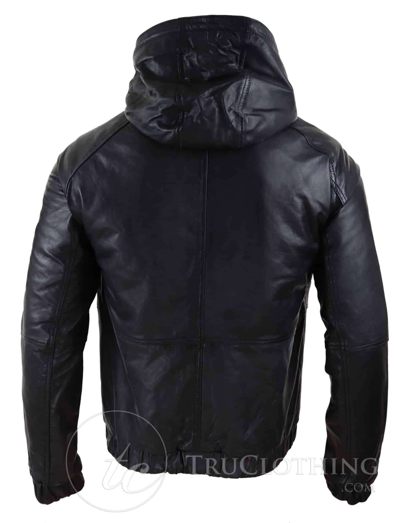 Jaqueta Bomber Masculina com Capuz em Couro Legítimo - Preta