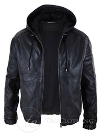 Jaqueta Bomber Masculina com Capuz em Couro Legítimo - Preta