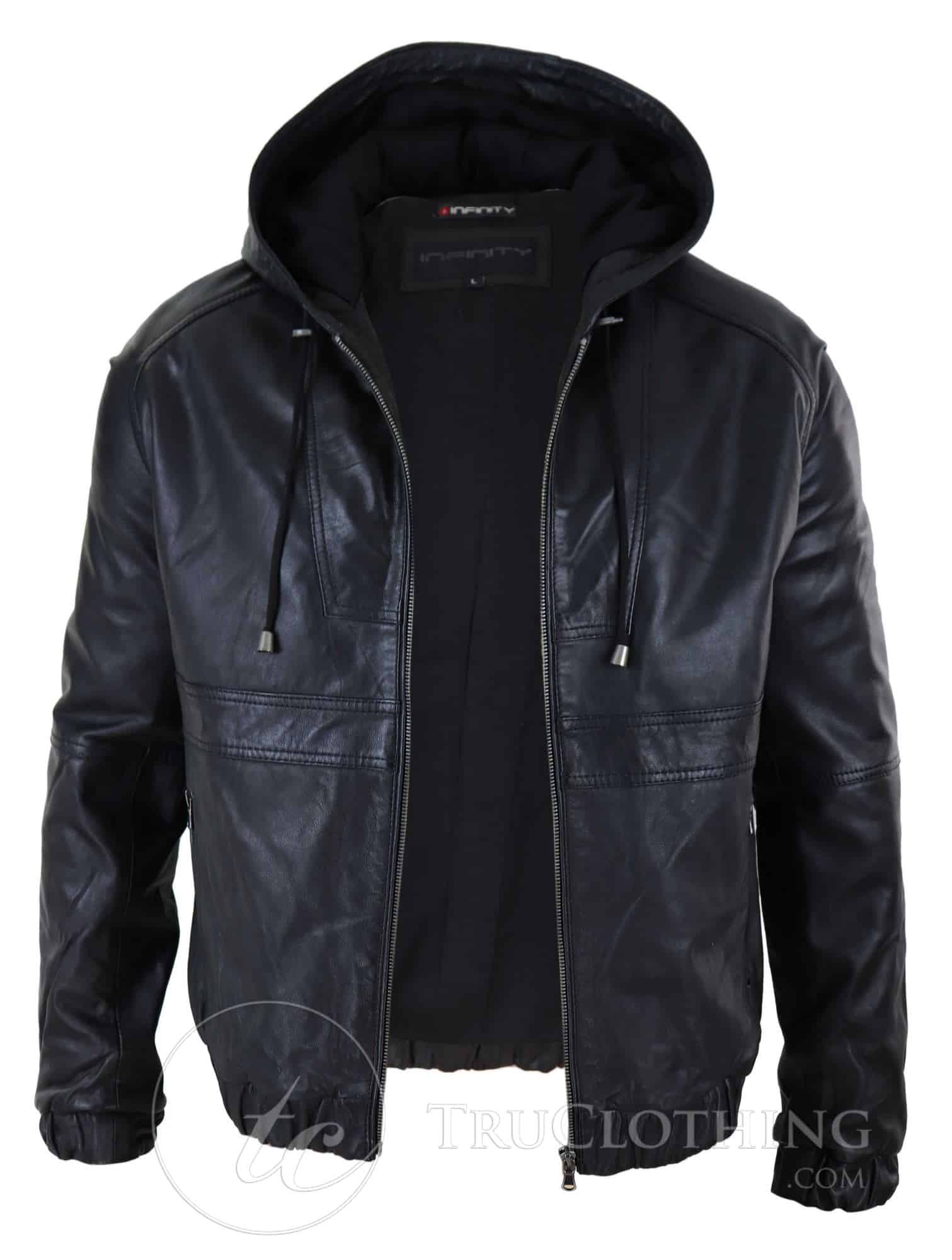 Jaqueta Bomber Masculina com Capuz em Couro Legítimo - Preta