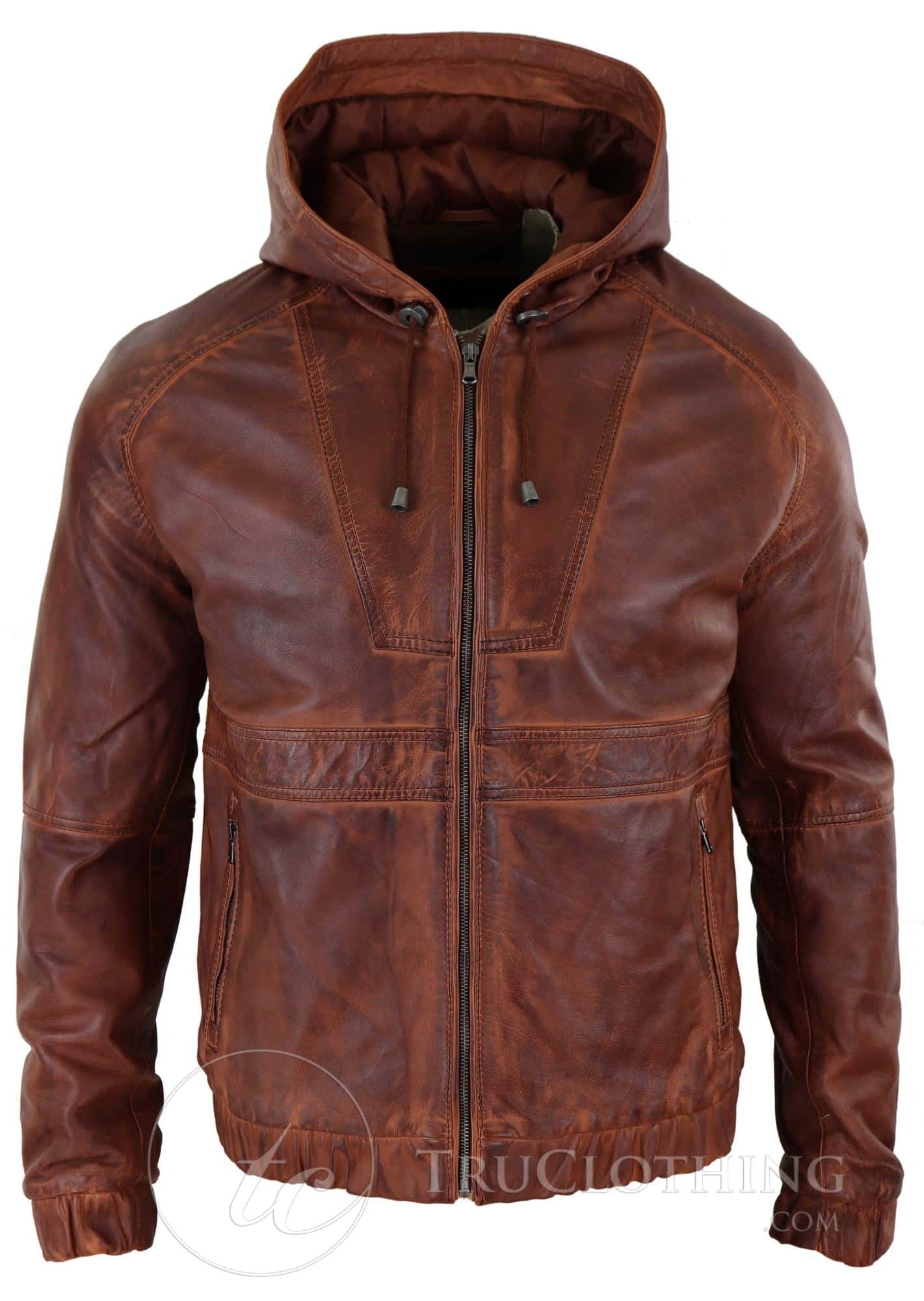 Jaqueta Bomber Masculina com Capuz em Couro Legítimo - Bege