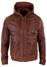 Jaqueta Bomber Masculina com Capuz em Couro Legítimo - Bege