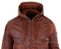 Jaqueta Bomber Masculina com Capuz em Couro Legítimo - Bege